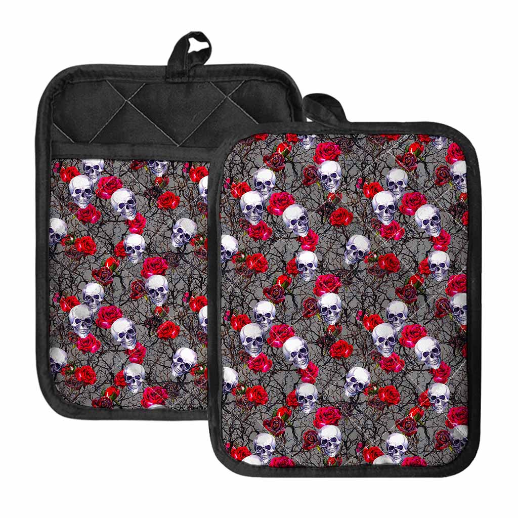 Rose Branch Skull Pattern Print Pot Holders With Pocket