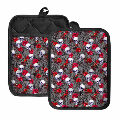 Rose Branch Skull Pattern Print Pot Holders With Pocket