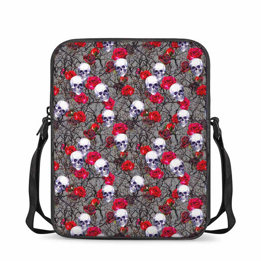 Rose Branch Skull Pattern Print Rectangular Crossbody Bag