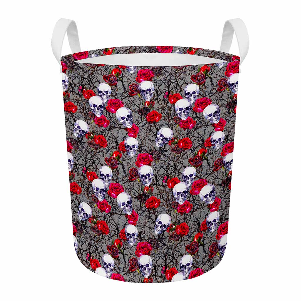 Rose Branch Skull Pattern Print Round Laundry Basket