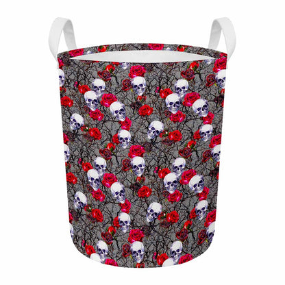 Rose Branch Skull Pattern Print Round Laundry Basket