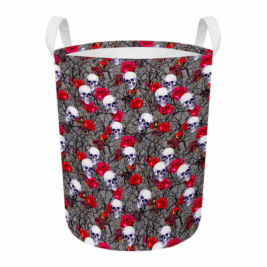 Rose Branch Skull Pattern Print Round Laundry Basket