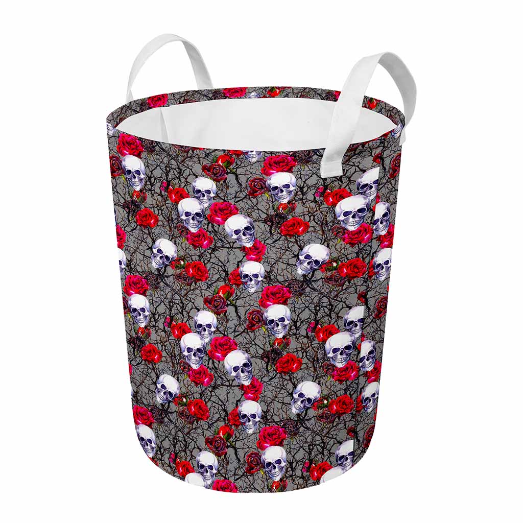 Rose Branch Skull Pattern Print Round Laundry Basket