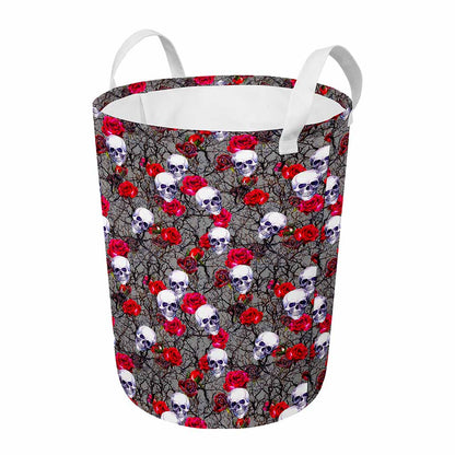 Rose Branch Skull Pattern Print Round Laundry Basket