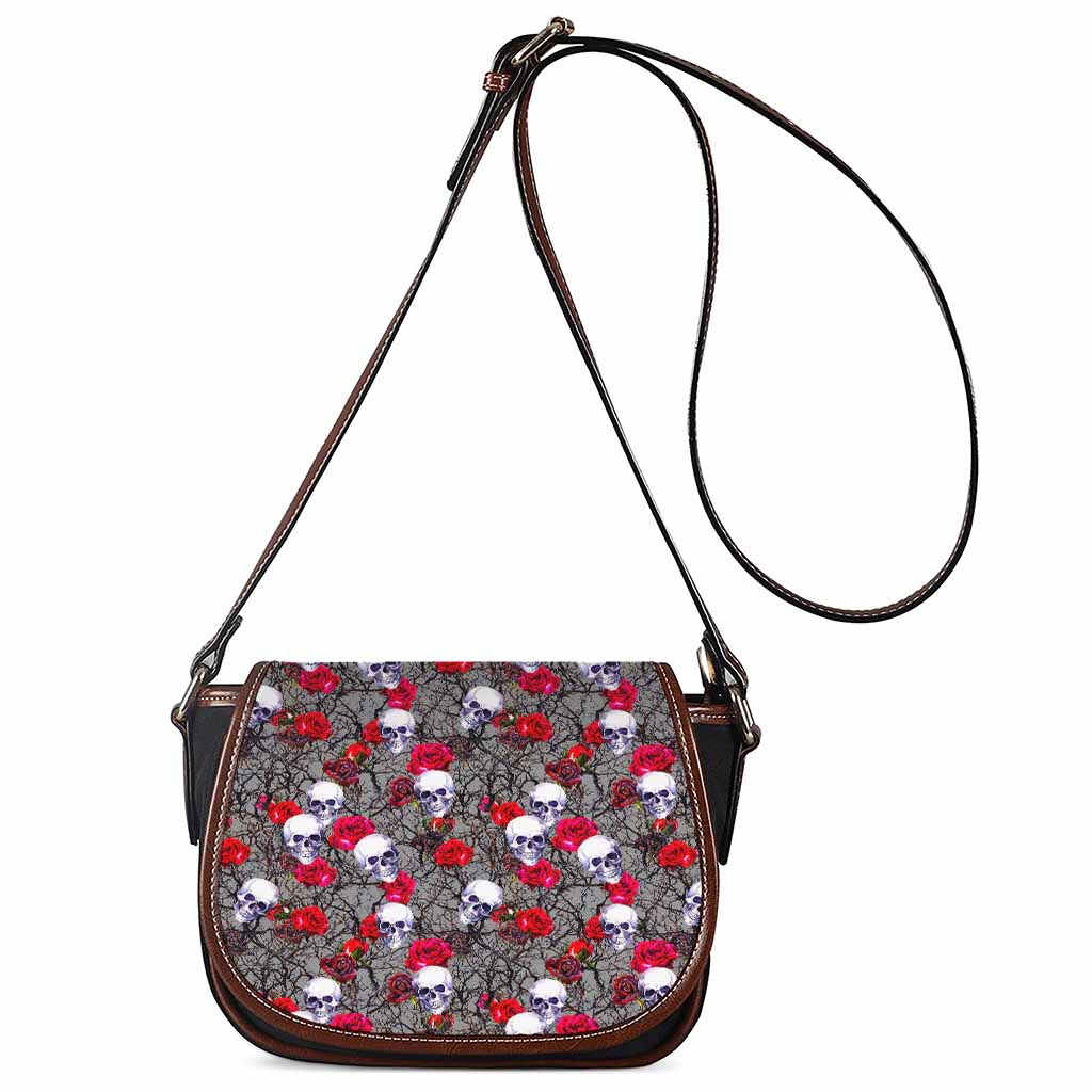 Rose Branch Skull Pattern Print Saddle Bag