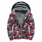 Rose Branch Skull Pattern Print Sherpa Lined Zip Up Hoodie