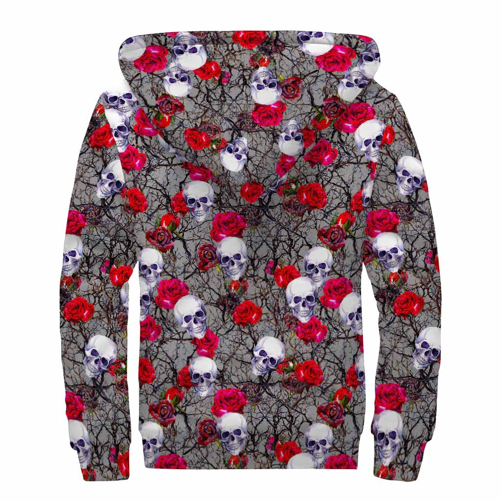Rose Branch Skull Pattern Print Sherpa Lined Zip Up Hoodie
