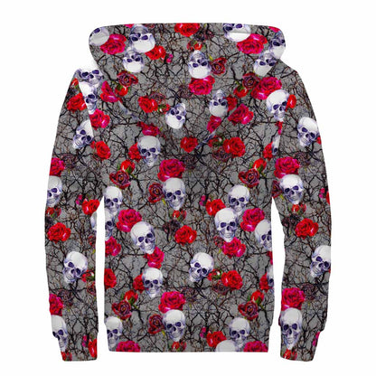 Rose Branch Skull Pattern Print Sherpa Lined Zip Up Hoodie