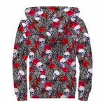 Rose Branch Skull Pattern Print Sherpa Lined Zip Up Hoodie