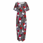 Rose Branch Skull Pattern Print Short Sleeve Long Nightdress
