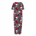 Rose Branch Skull Pattern Print Short Sleeve Long Nightdress