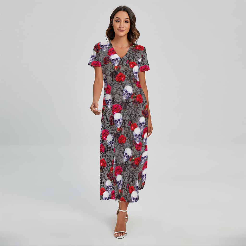 Rose Branch Skull Pattern Print Short Sleeve Maxi Dress