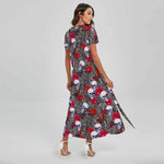 Rose Branch Skull Pattern Print Short Sleeve Maxi Dress