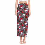 Rose Branch Skull Pattern Print Side Slit Maxi Skirt