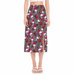 Rose Branch Skull Pattern Print Side Slit Midi Skirt