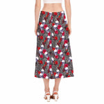 Rose Branch Skull Pattern Print Side Slit Midi Skirt