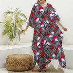 Rose Branch Skull Pattern Print Silk V-Neck Kaftan Dress