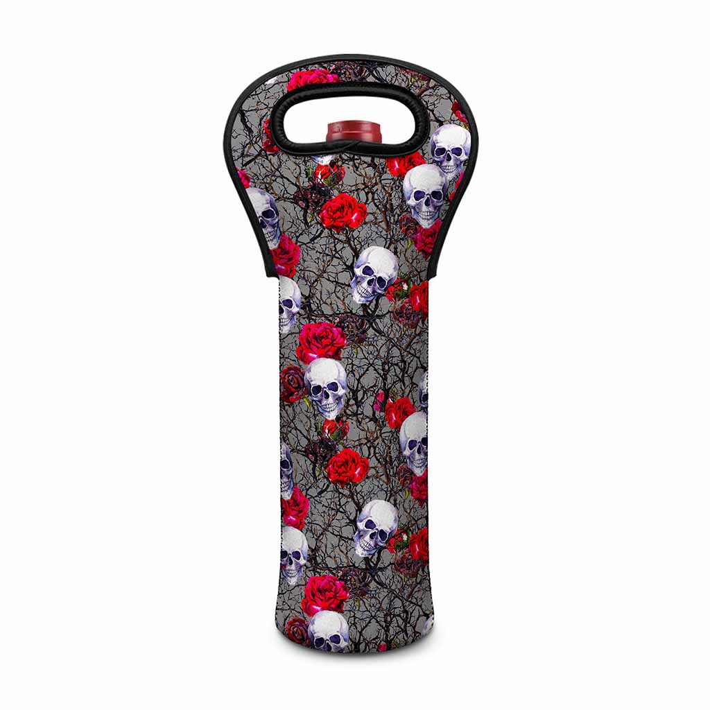 Rose Branch Skull Pattern Print Single Neoprene Wine Tote