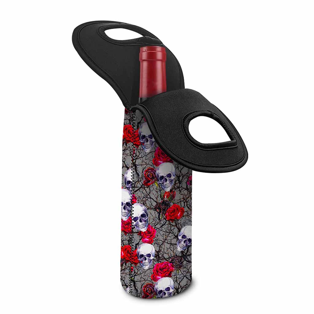 Rose Branch Skull Pattern Print Single Neoprene Wine Tote
