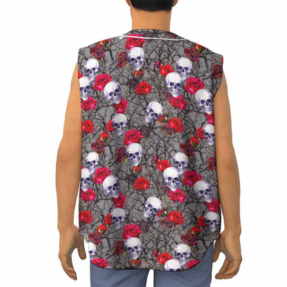 Rose Branch Skull Pattern Print Sleeveless Baseball Jersey