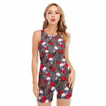 Rose Branch Skull Pattern Print Sleeveless One Piece Swimsuit