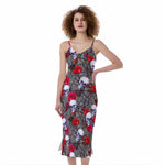 Rose Branch Skull Pattern Print Slim Fit Midi Cami Dress