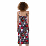 Rose Branch Skull Pattern Print Slim Fit Midi Cami Dress