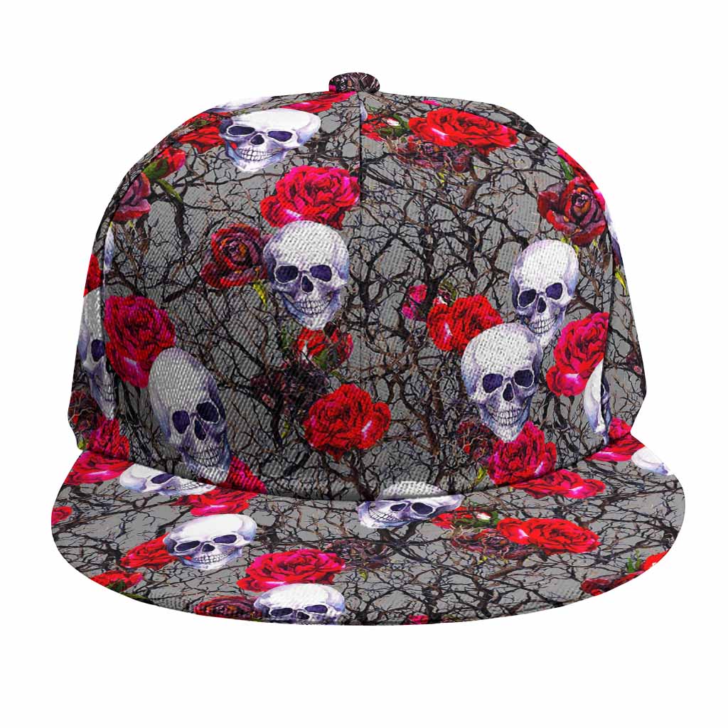 Rose Branch Skull Pattern Print Snapback Cap