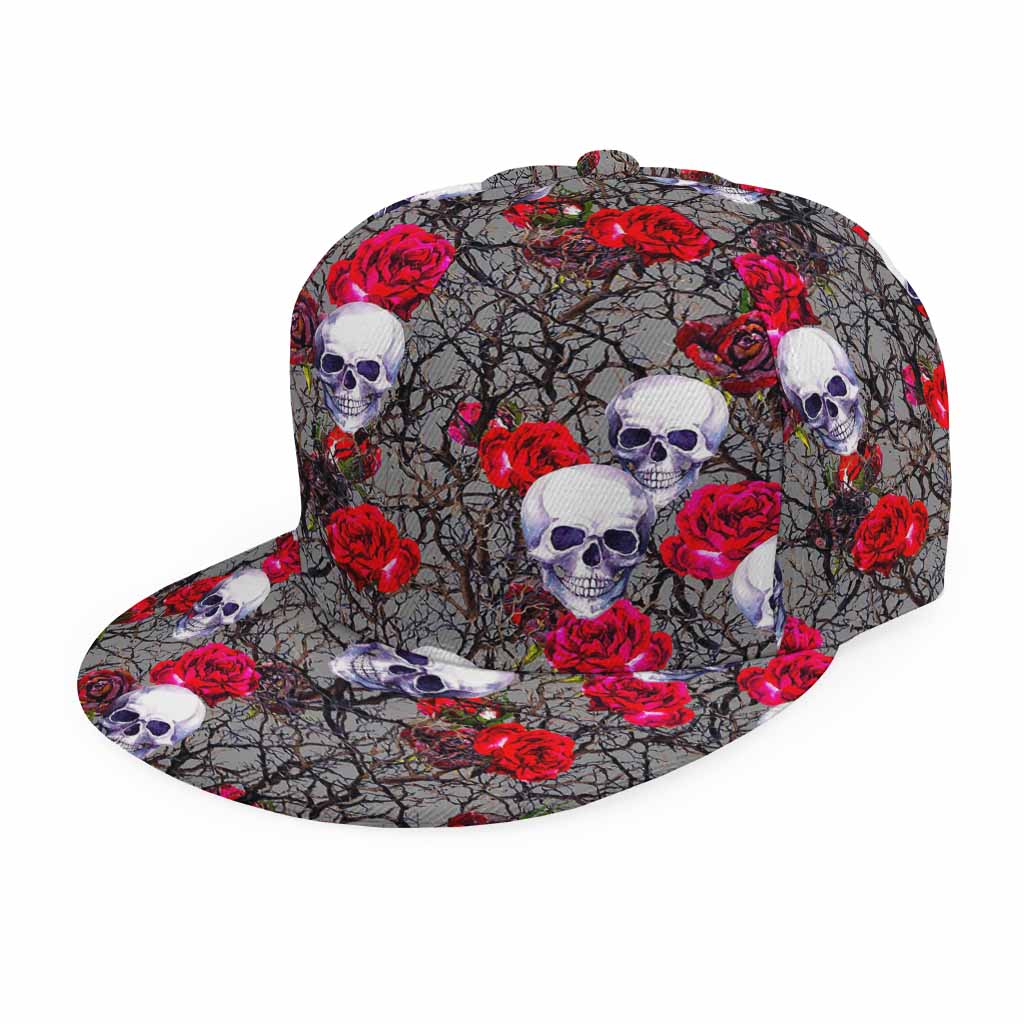 Rose Branch Skull Pattern Print Snapback Cap
