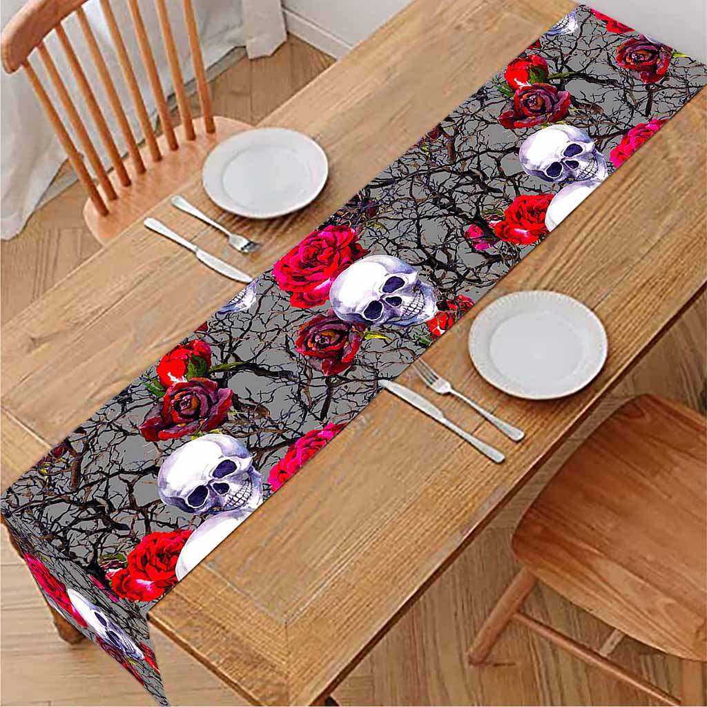 Rose Branch Skull Pattern Print Table Runner
