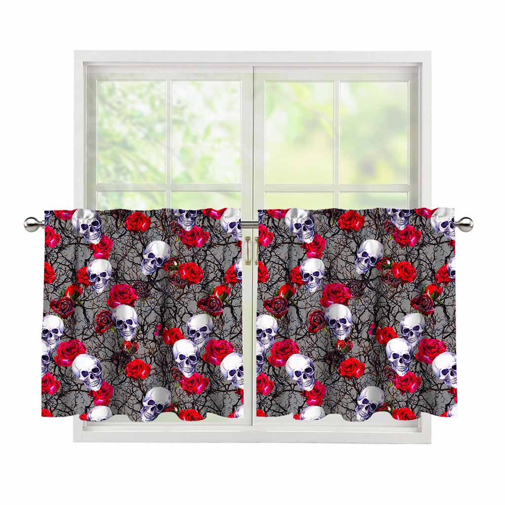 Rose Branch Skull Pattern Print Tier Curtains