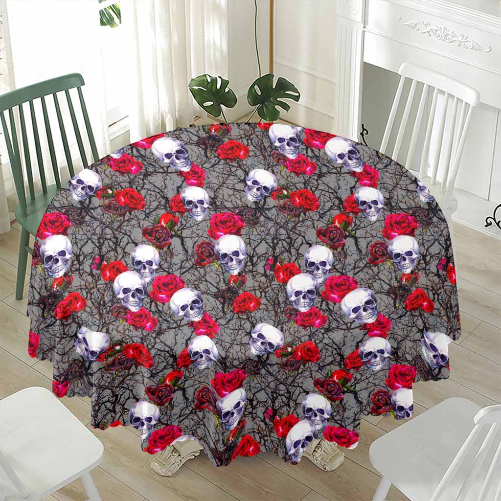 Rose Branch Skull Pattern Print Waterproof Round Tablecloth