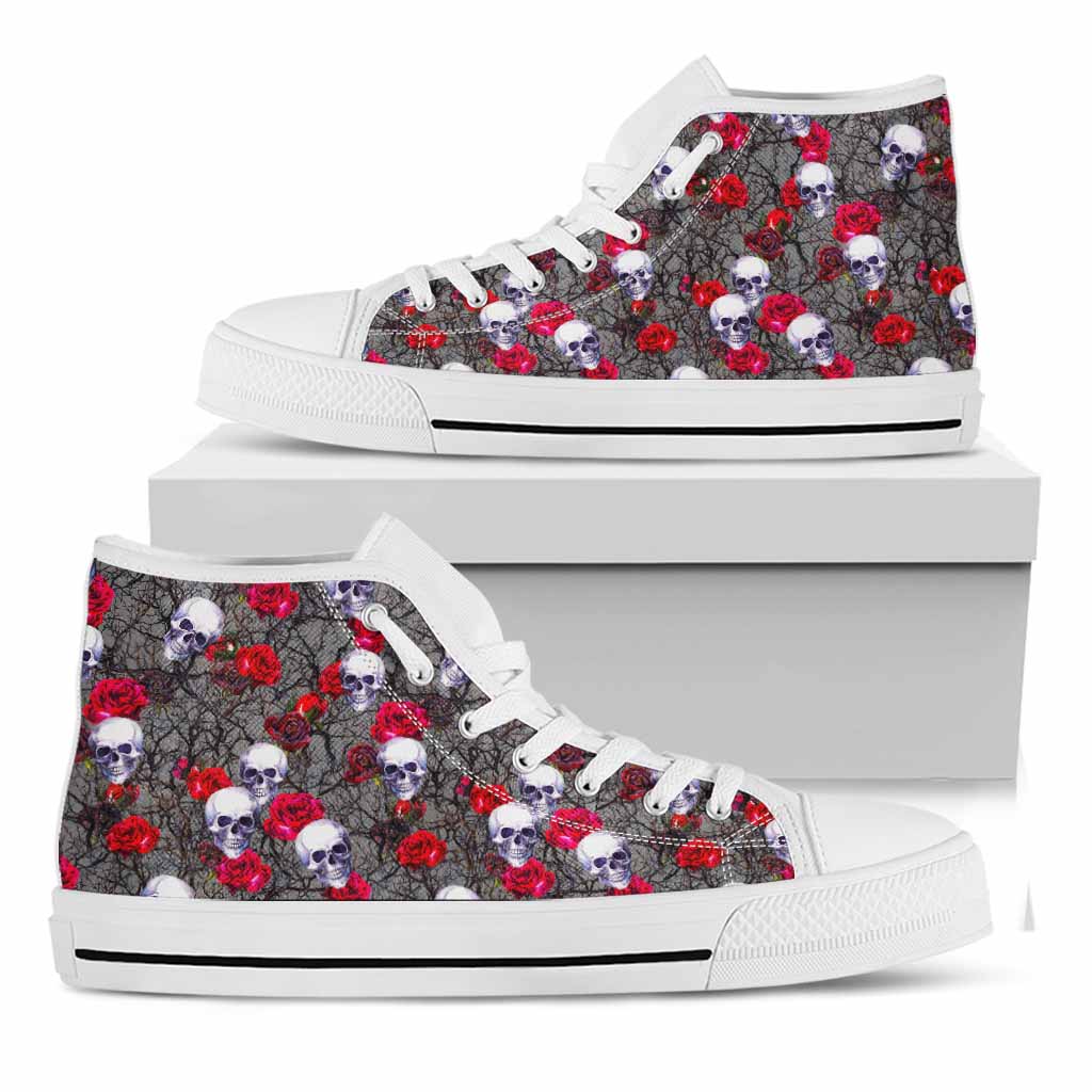 Rose Branch Skull Pattern Print White High Top Sneakers