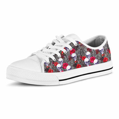 Rose Branch Skull Pattern Print White Low Top Sneakers
