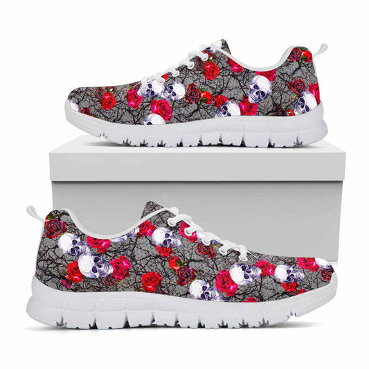 Rose Branch Skull Pattern Print White Running Shoes