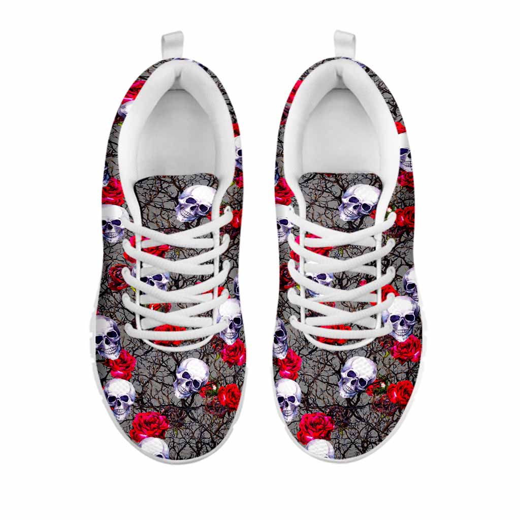 Rose Branch Skull Pattern Print White Running Shoes
