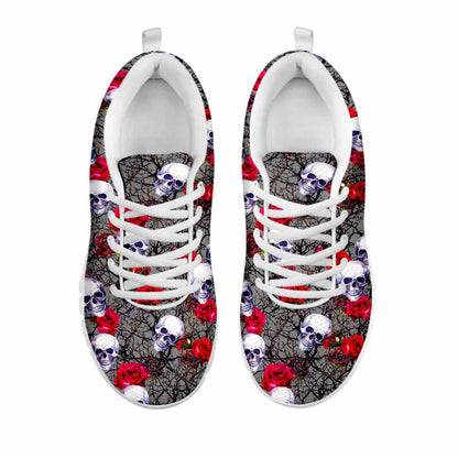 Rose Branch Skull Pattern Print White Running Shoes
