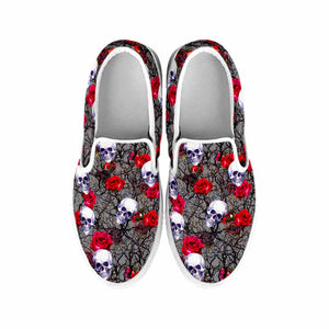 Rose Branch Skull Pattern Print White Slip On Sneakers