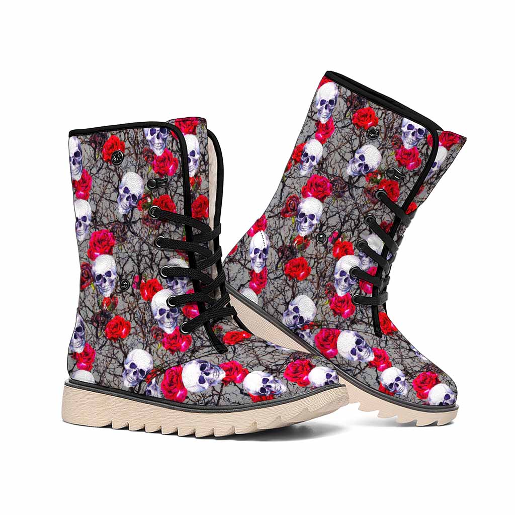 Rose Branch Skull Pattern Print Winter Boots