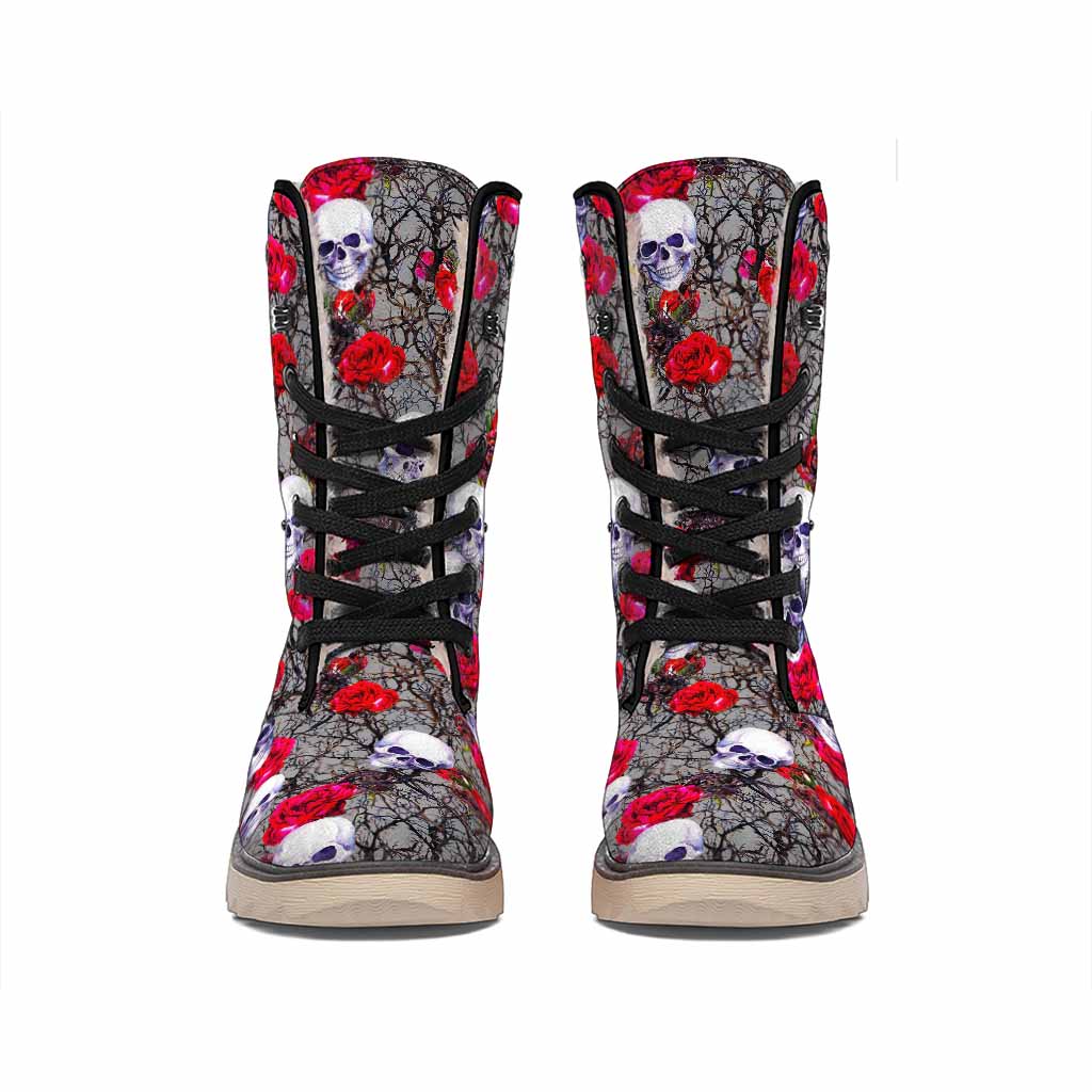 Rose Branch Skull Pattern Print Winter Boots