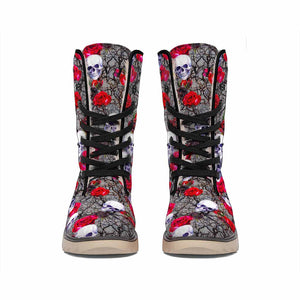 Rose Branch Skull Pattern Print Winter Boots