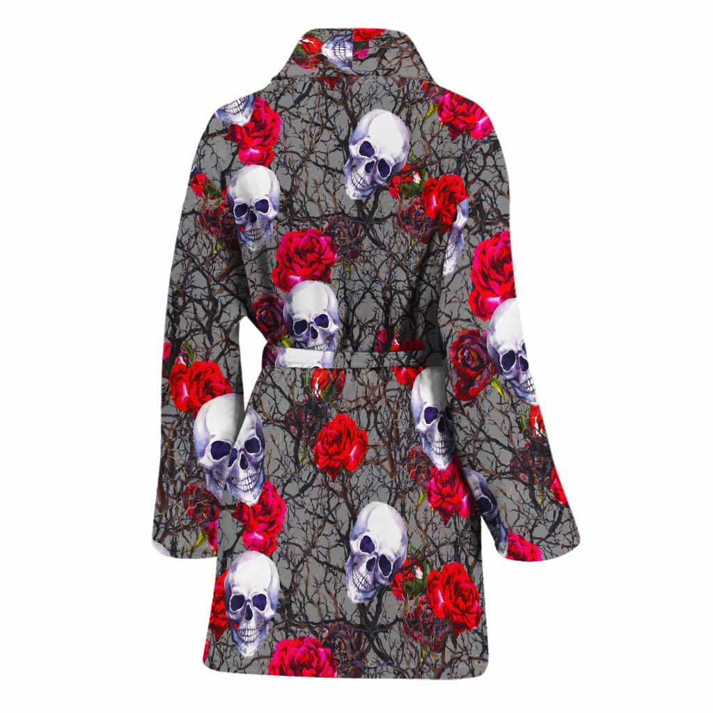 Rose Branch Skull Pattern Print Women's Bathrobe
