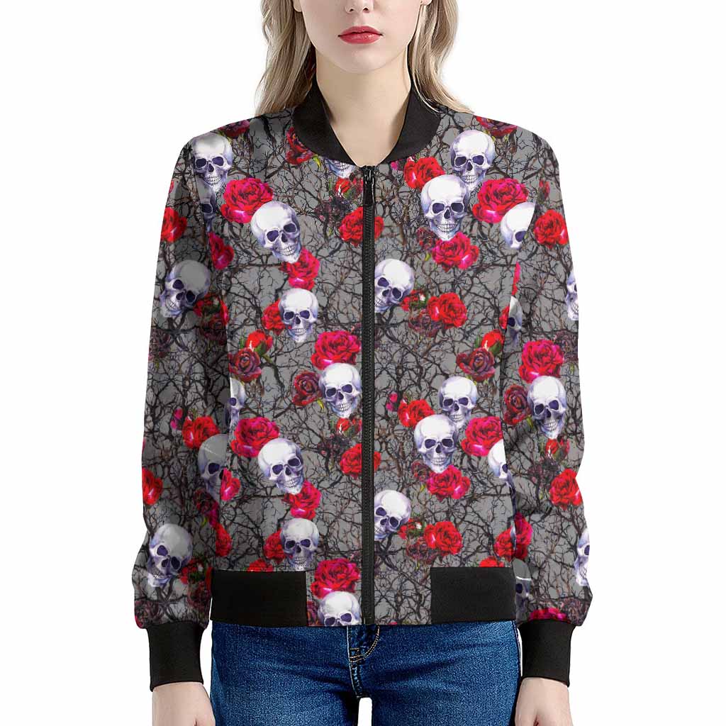 Rose Branch Skull Pattern Print Women's Bomber Jacket