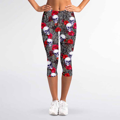 Rose Branch Skull Pattern Print Women's Capri Leggings
