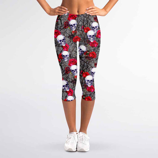 Rose Branch Skull Pattern Print Women's Capri Leggings