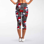 Rose Branch Skull Pattern Print Women's Capri Leggings