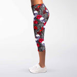 Rose Branch Skull Pattern Print Women's Capri Leggings