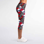 Rose Branch Skull Pattern Print Women's Capri Leggings