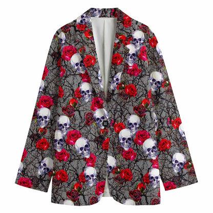 Rose Branch Skull Pattern Print Women's Cotton Blazer