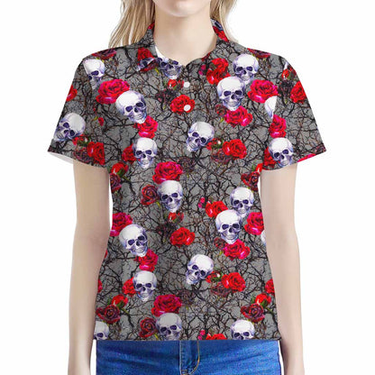 Rose Branch Skull Pattern Print Women's Polo Shirt